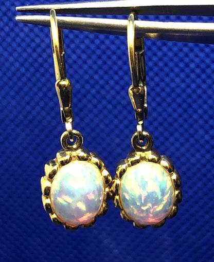 Estate 925 Sterling Silver Vermeil Oval Opal Cabochon Dangle Drop Earrings