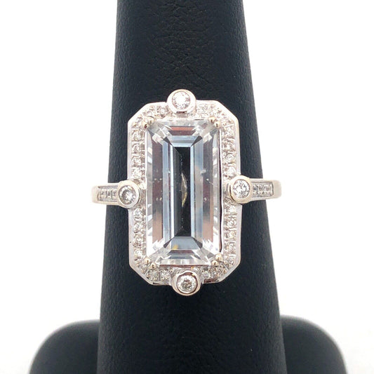 14K White Gold Designer White Topaz Diamond Accent Art Deco Style Statement Ring