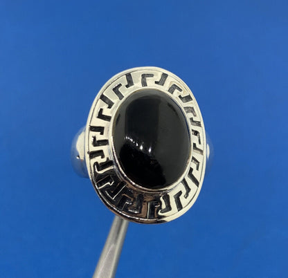 Designer 925 Sterling Silver Oval Black Onyx Cabochon Greek Etched Halo Ring