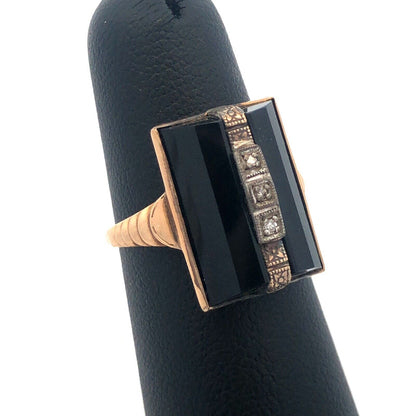 Art Nouveau Art Deco 10K Yellow Gold Diamond Black Onyx Statement Cocktail Ring