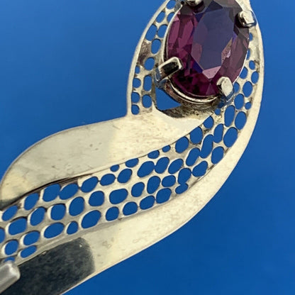 Stunning Silver Toned Oval Cut Purple Sparkling CZ Openwork Wing Stud Earrings