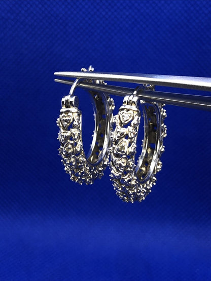 Designer 925 Sterling Silver Textured Heart Detail Snap Round Hoop Earrings