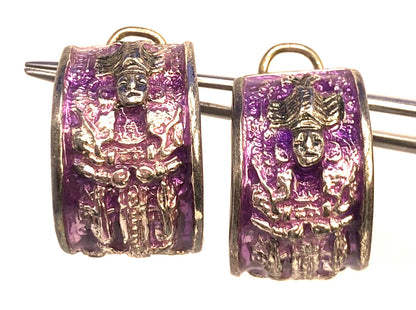Native Tribal Gods 925 Sterling Silver Purple Enamel Half Hoop Stud Earrings