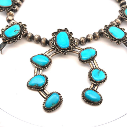Vintage Native American 925 Sterling Silver Turquoise Squash Blossom Necklace