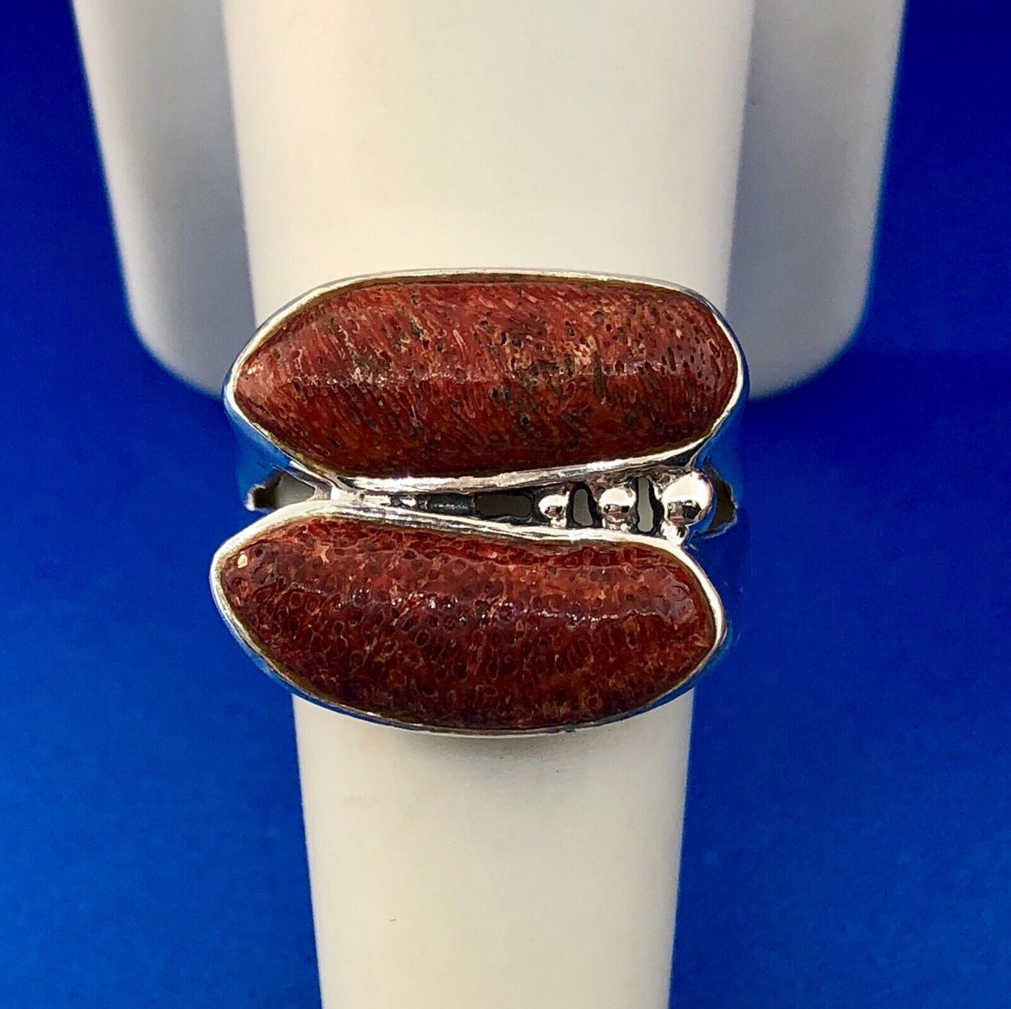 Designer CSX 925 Sterling Silver Red Coral Free Form Statement Double Dome Ring
