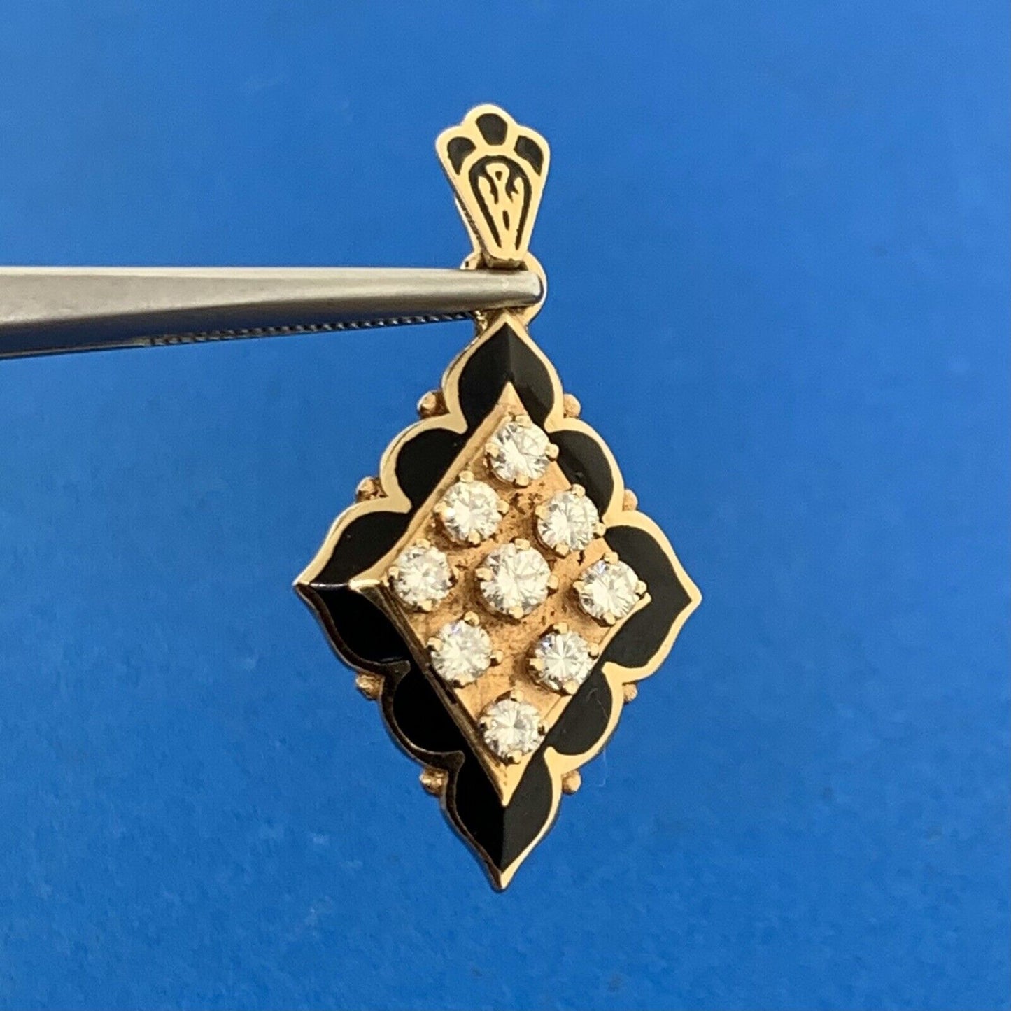 Vintage 14K Yellow Gold Diamond Cluster Black Enamel Dangle Drop Pendant