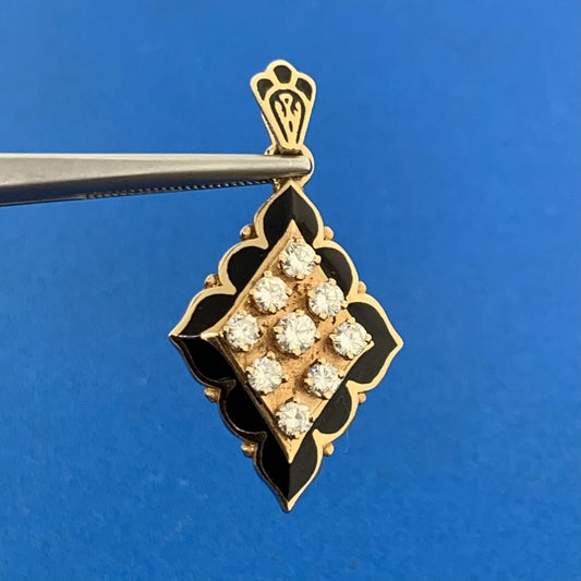 Vintage 14K Yellow Gold Diamond Cluster Black Enamel Dangle Drop Pendant