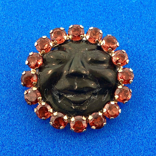 Art Deco Unusual 10K Yellow Gold Citrine Halo Carved Black Resin Cameo Pendant