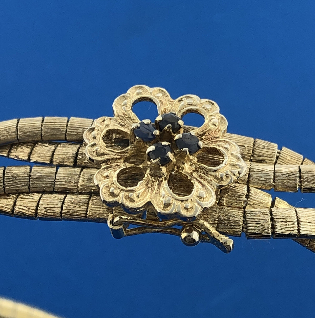 Sterling Silver 925 Vermeil Gold Tone Blue Sapphire Floral Clasp Woven Bracelet
