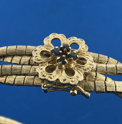 Sterling Silver 925 Vermeil Gold Tone Blue Sapphire Floral Clasp Woven Bracelet
