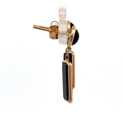 14K Yellow Gold Designer Round Rectangle Black Onyx Dangle Stud Earrings