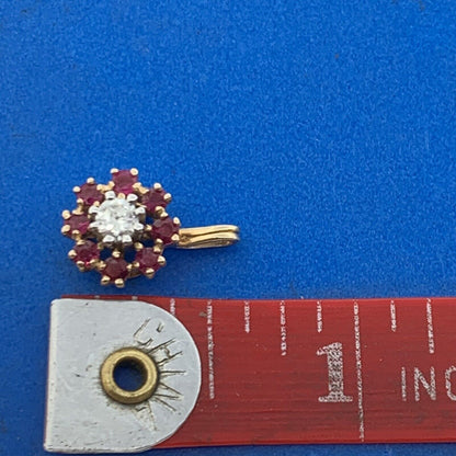 14K Yellow Gold Diamond Ruby Halo Flower Drop Pendant