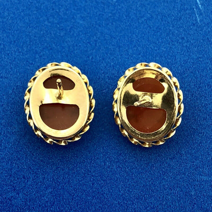 Classic Victorian 14K Yellow Gold Carved Cameo Statement Stud Earrings