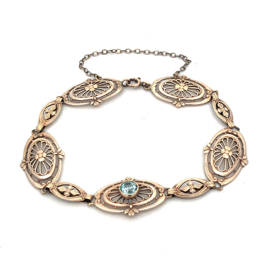 Vintage 10k White Gold Round Cut Blue Topaz Openwork Oval Filigree 7" Bracelet