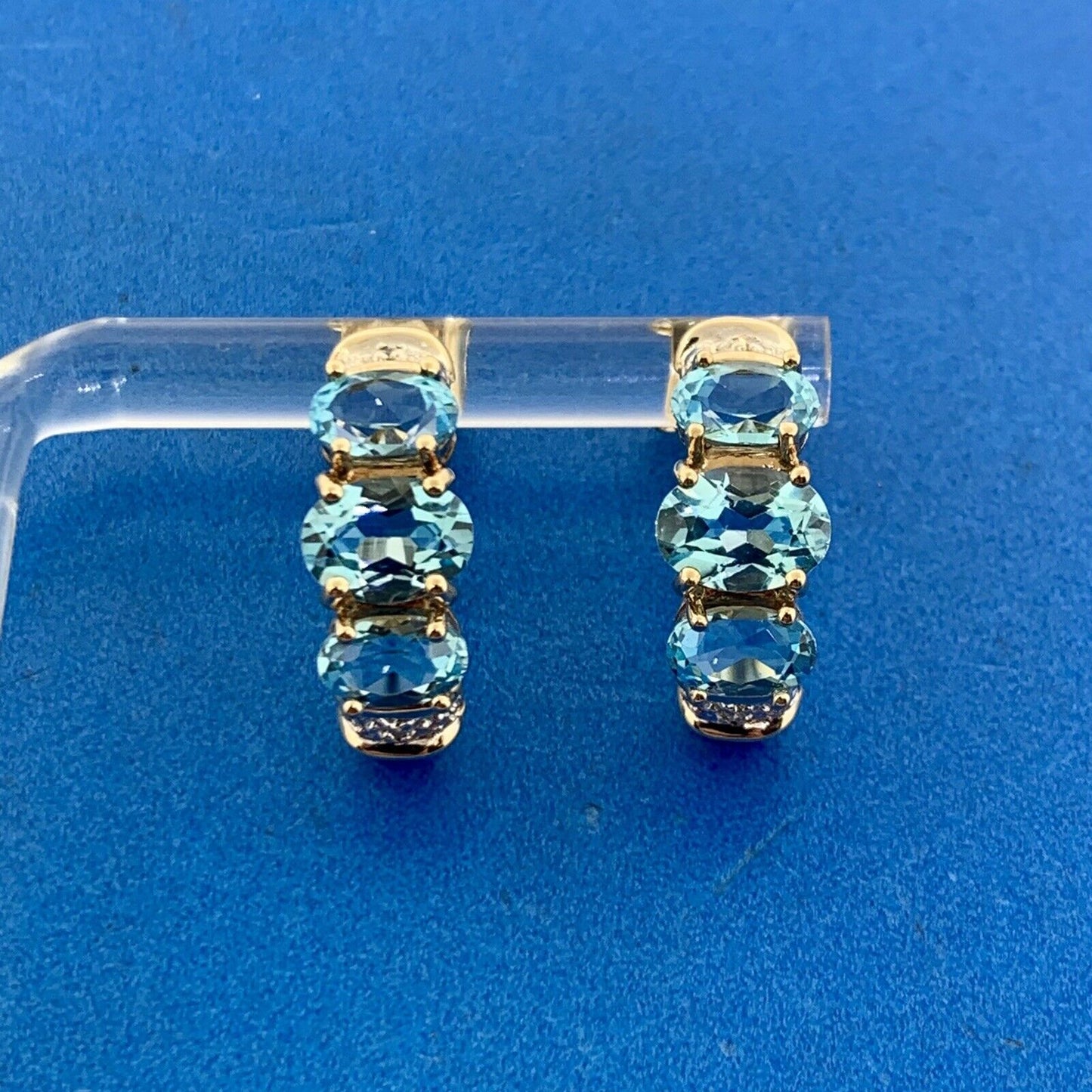 Designer 10K Yellow Gold Oval Blue Topaz Diamond Accented Half Hoop Earrings