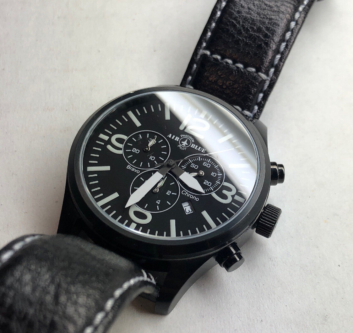 Air Blue Bravo Precision Pilot Mens Watch Chronograph Black Leather Strap In Box
