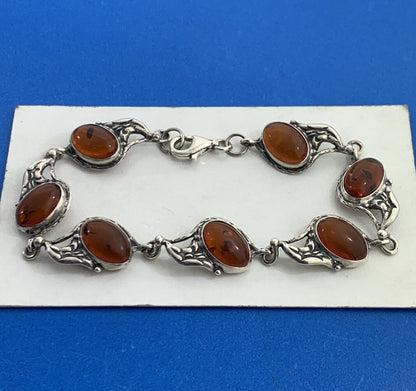 Vintage 925 Sterling Silver Oval Amber Cabochon Station Tennis Bracelet