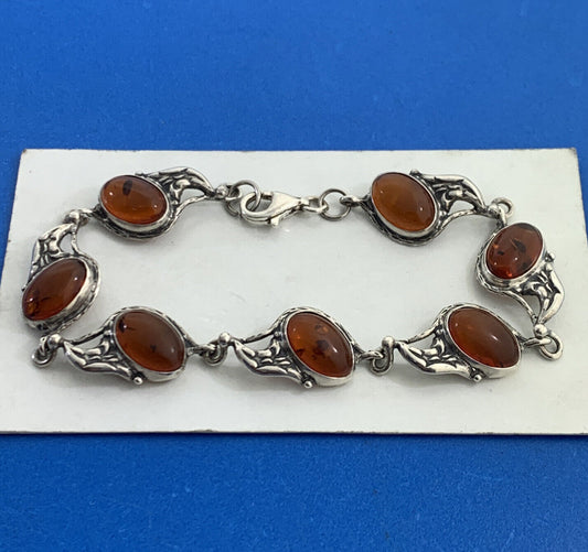 Vintage 925 Sterling Silver Oval Amber Cabochon Station Tennis Bracelet