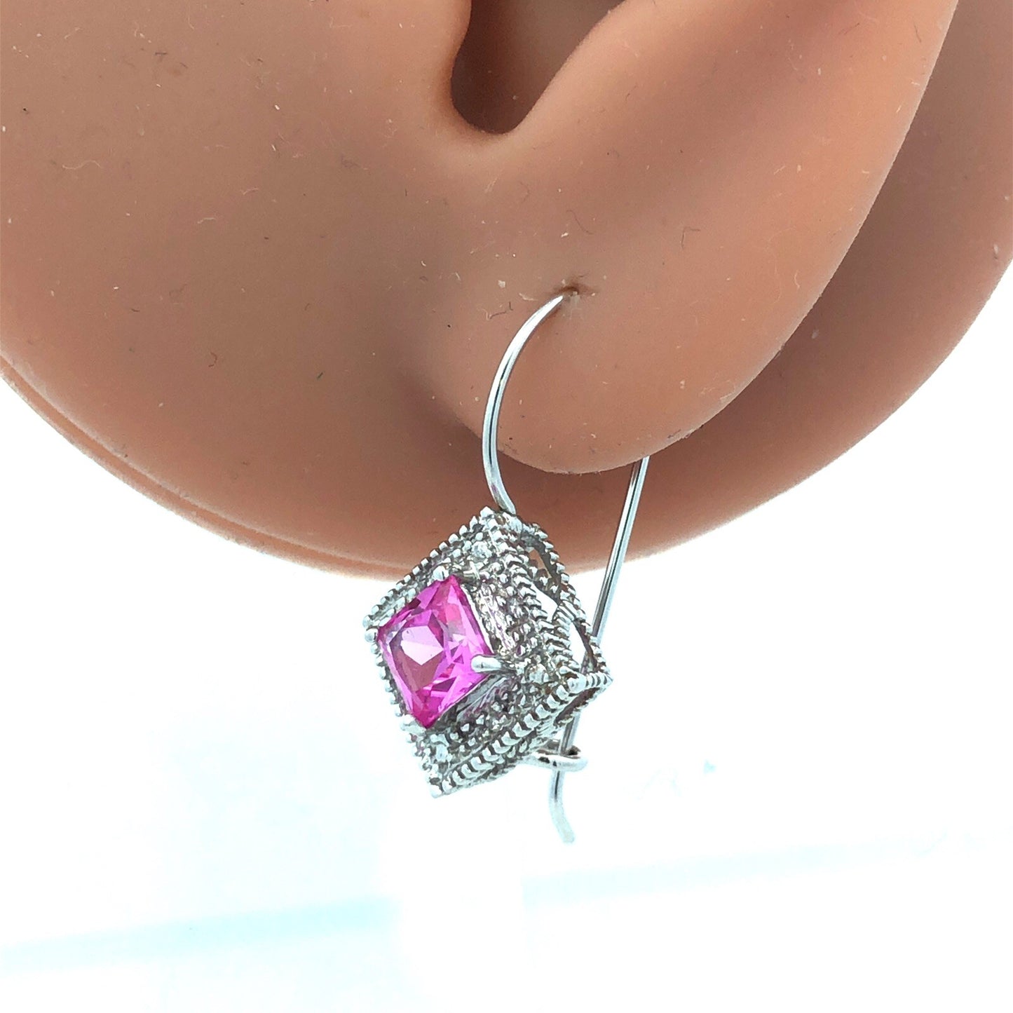 Designer 10K White Gold Princess Pink Sapphire Diamond French Hook Earrings