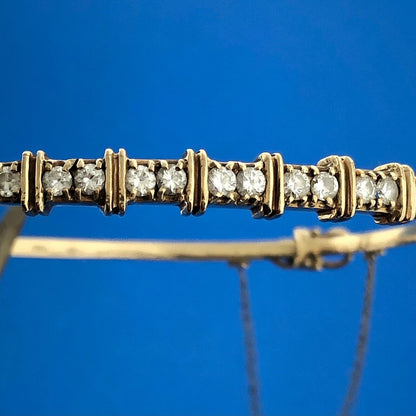 Vintage 14k Yellow Gold Round Cut Diamond Hinged Cuff w/Safety Chain Bracelet