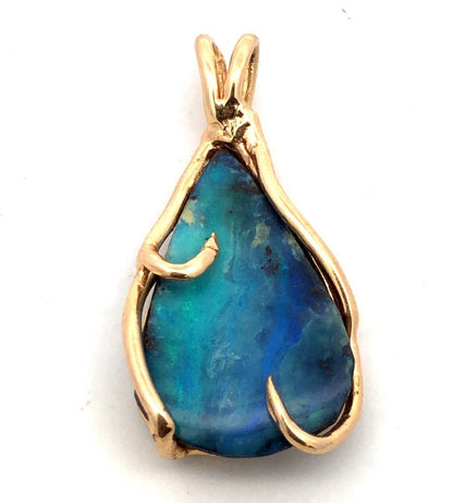 Estate 14K Yellow Gold Teardrop Blue Opal Wire Wrapped Modernist Pendant