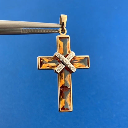 Designer 14K Yellow White Gold Citrine Diamond Accented Statement Cross Pendant