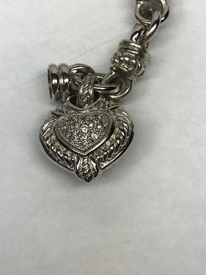 Judith Ripka Sterling Silver 925 Diamonique CZ Heart Charm Leather Bracelet