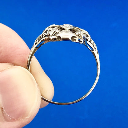 Art Nouveau Art Deco 18K White Gold Diamond Filigree Statement Finger Ring