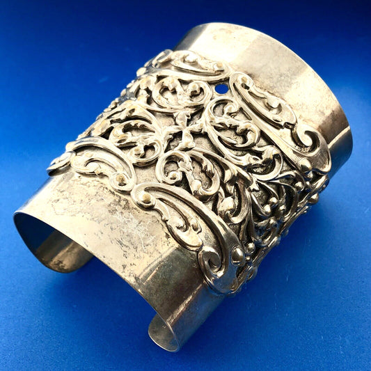 1950's Joseff Of Hollywood Silver Plated Adjustable Baroque Open Cuff Bracelet