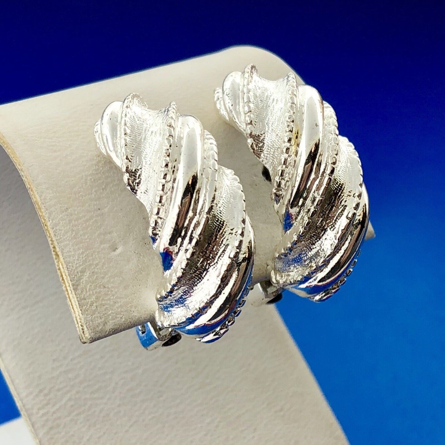 Classic Silver Tone Polished Textured Beaded Twist Half Hoop Clip Earrings
