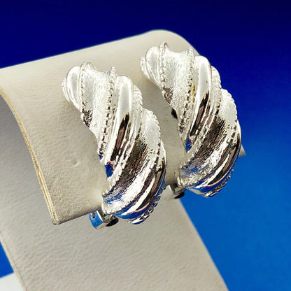 Classic Silver Tone Polished Textured Beaded Twist Half Hoop Clip Earrings