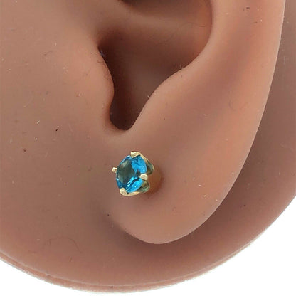 14K Yellow Gold Round Blue Topaz Solitaire December Occasion Screw Back Earrings
