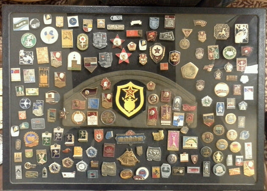 VINTAGE SOVIET UNION USSR RUSSIAN PIN COLLECTION WITH RUSSIAN MILITARY CAP