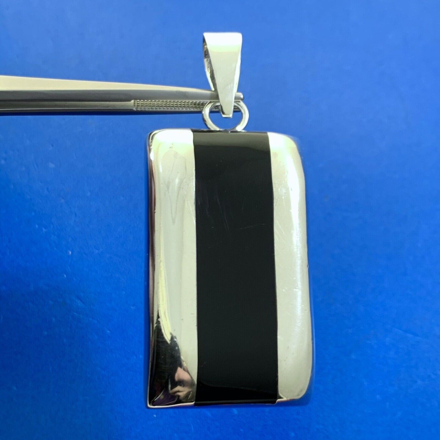 Designer ATI Mexico 925 Sterling Silver Black Enamel Rectangle Statement Pendant
