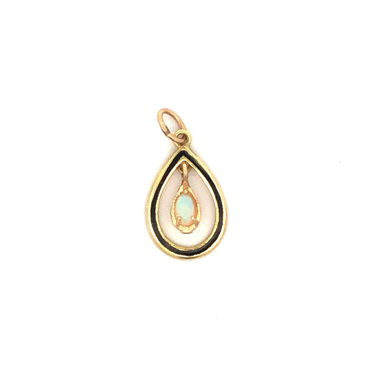 Modernist 14K Yellow Gold Oval Opal Teardrop Cutout Black Enamel Dangle Pendant