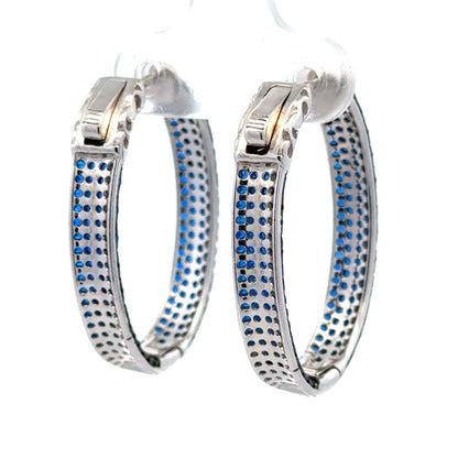 Designer 925 Sterling Silver Blue Quartz Pave Oval Inside Out Hoop Earrings