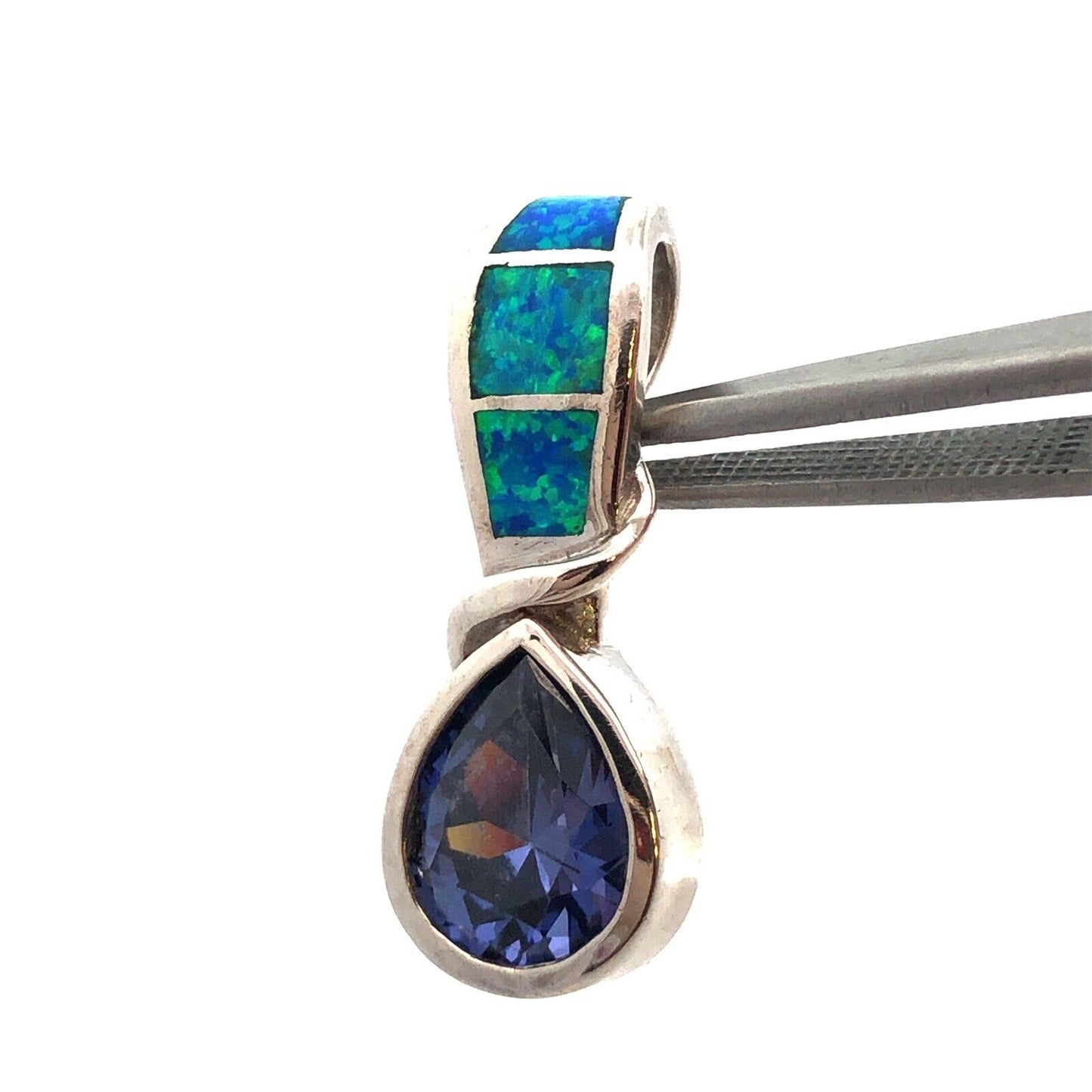 Designer 925 Sterling Silver Pear Tanzanite Opal Inlay Modernist Drop Pendant