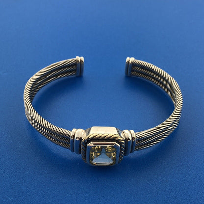 Designer CNA 925 Sterling Silver 14K Green Amethyst Cable Cuff Bracelet