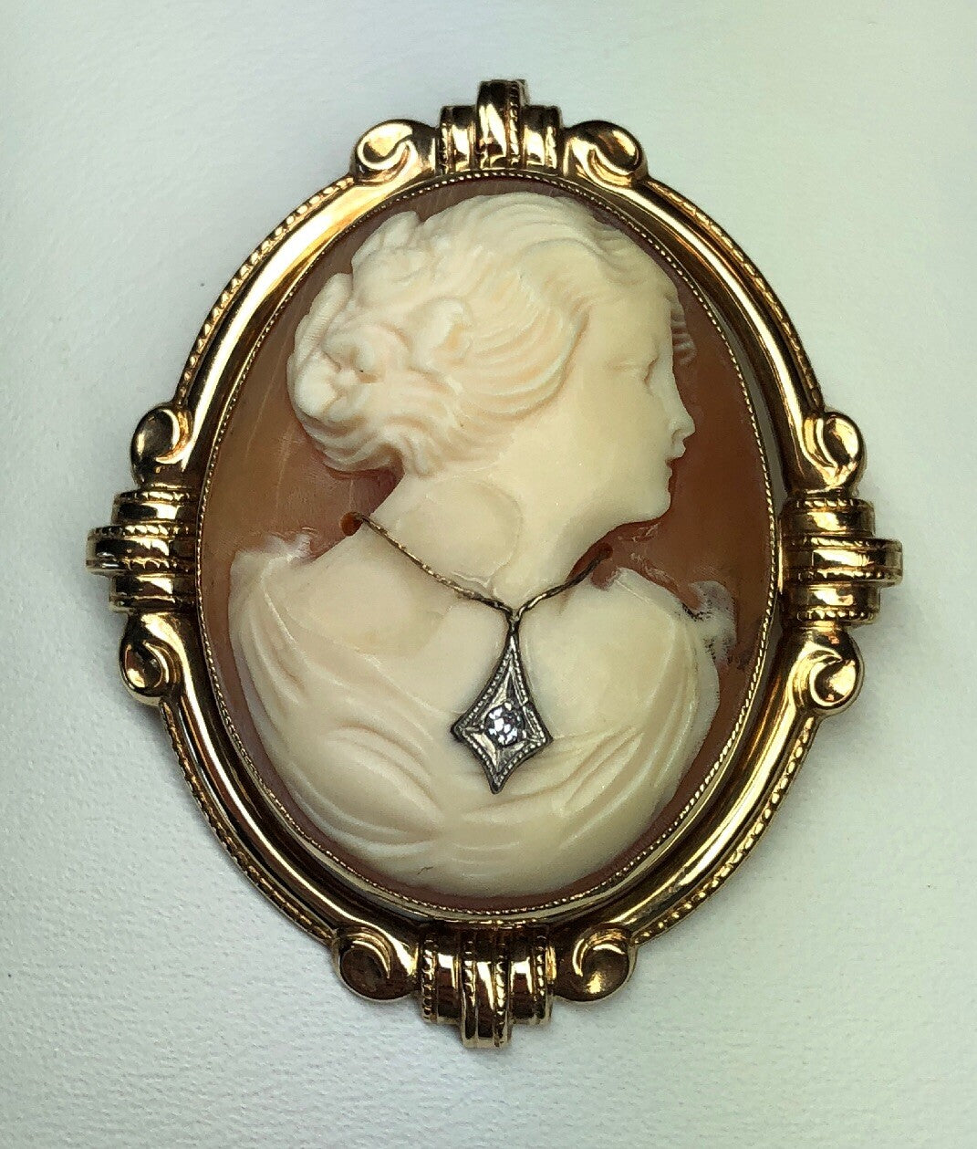 Vintage ESEMCO 14K Yellow Gold Diamond Caved Cameo Scroll Bead Pin Pendant