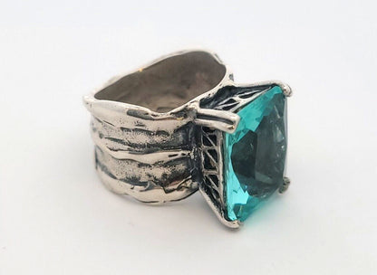 Designer 925 Sterling Silver Radiant Cut Blue Topaz Size 6.75 Wide Band Ring