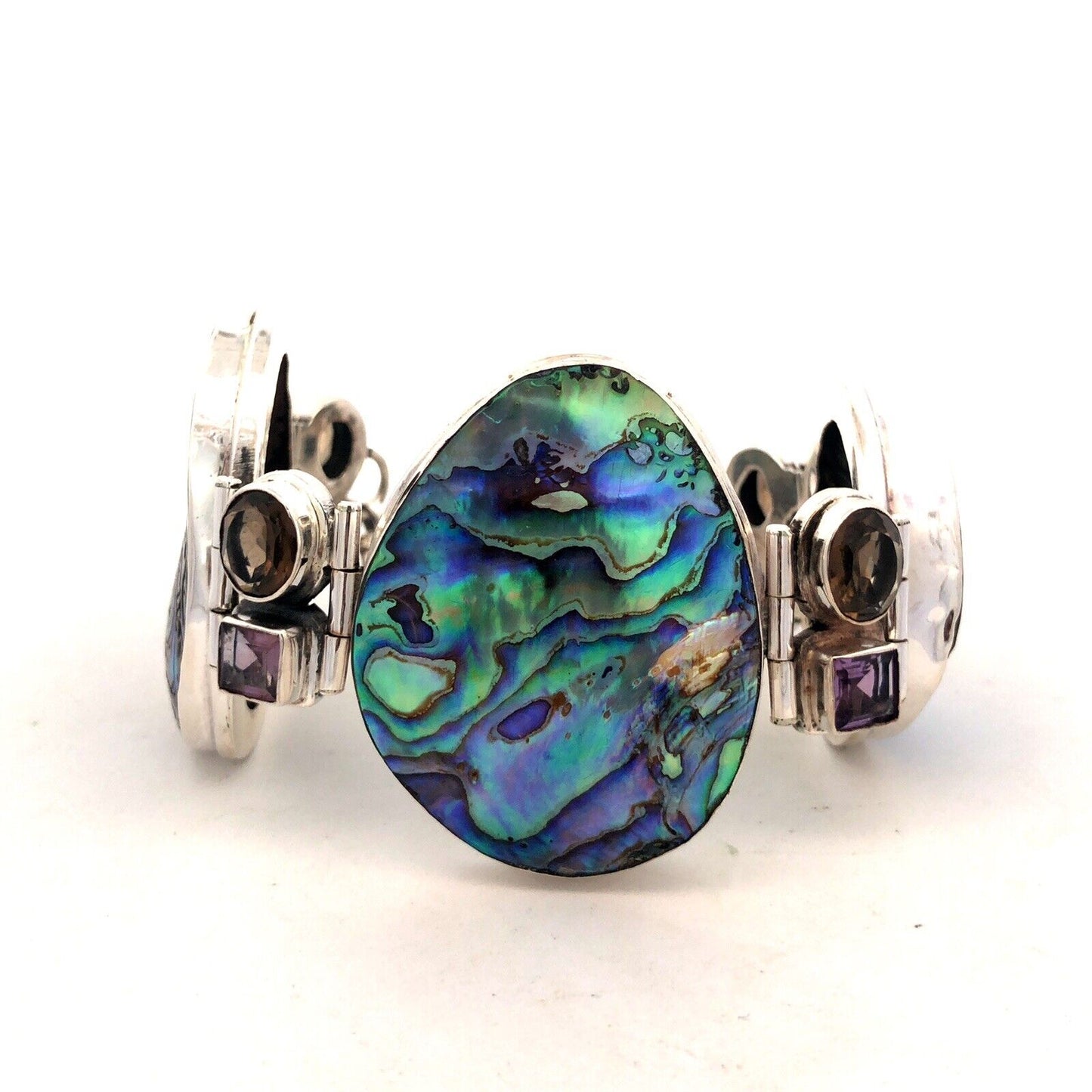 Modernist 925 Sterling Silver Abalone Amethyst Smoky Topaz Statement Bracelet