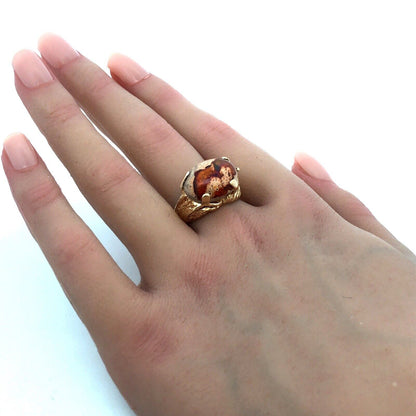 Designer Vintage 14K Yellow Gold Oval Mexican Opal Cabochon Statement Ring