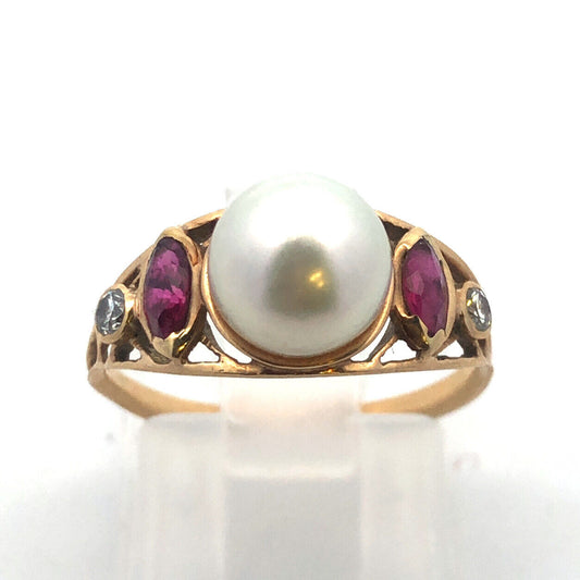 Vintage 14K Yellow Gold Pearl Ruby Diamond Art Deco Style Cocktail Ring