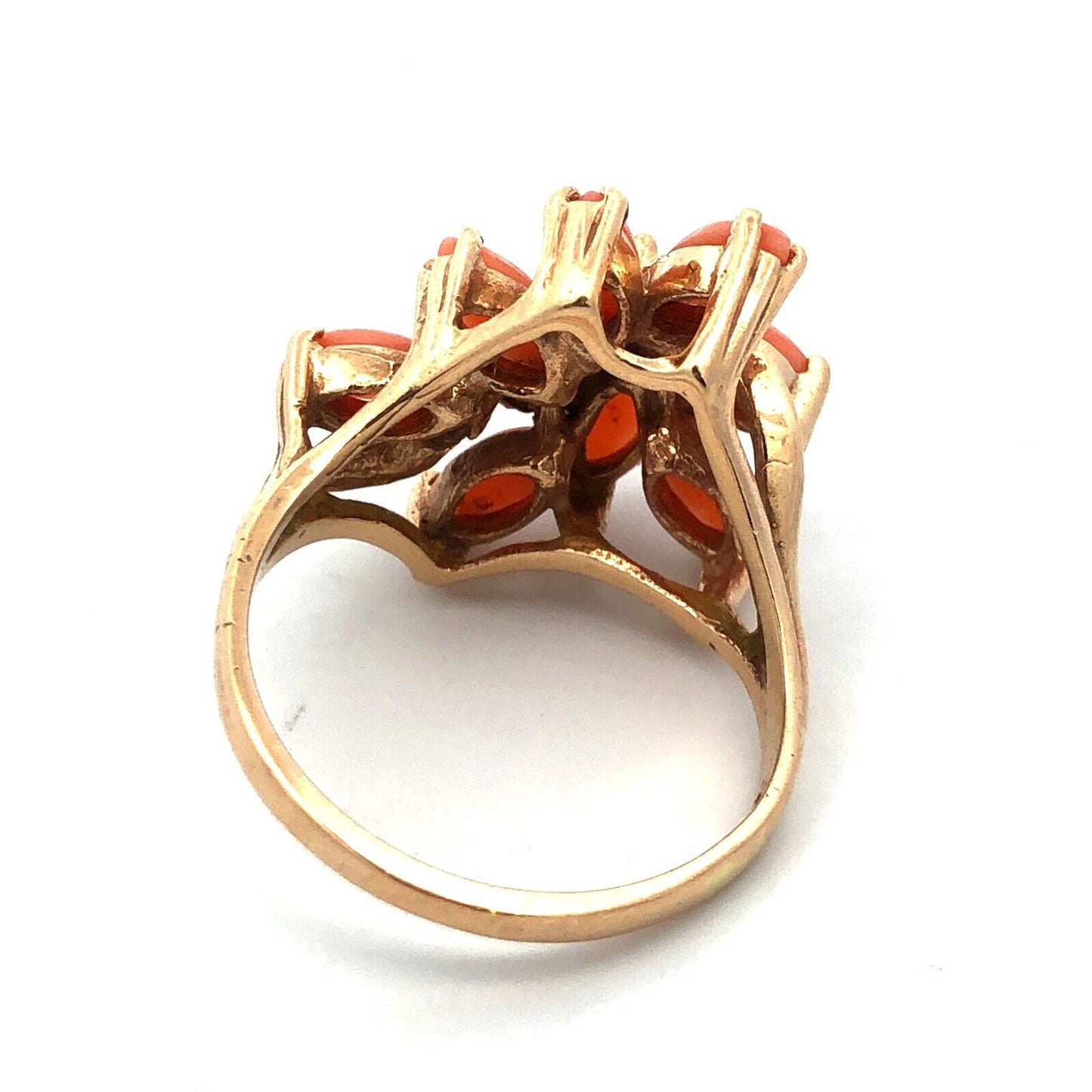 Designer 14K Yellow Gold Pink Coral Diamond Statement Cocktail Ring