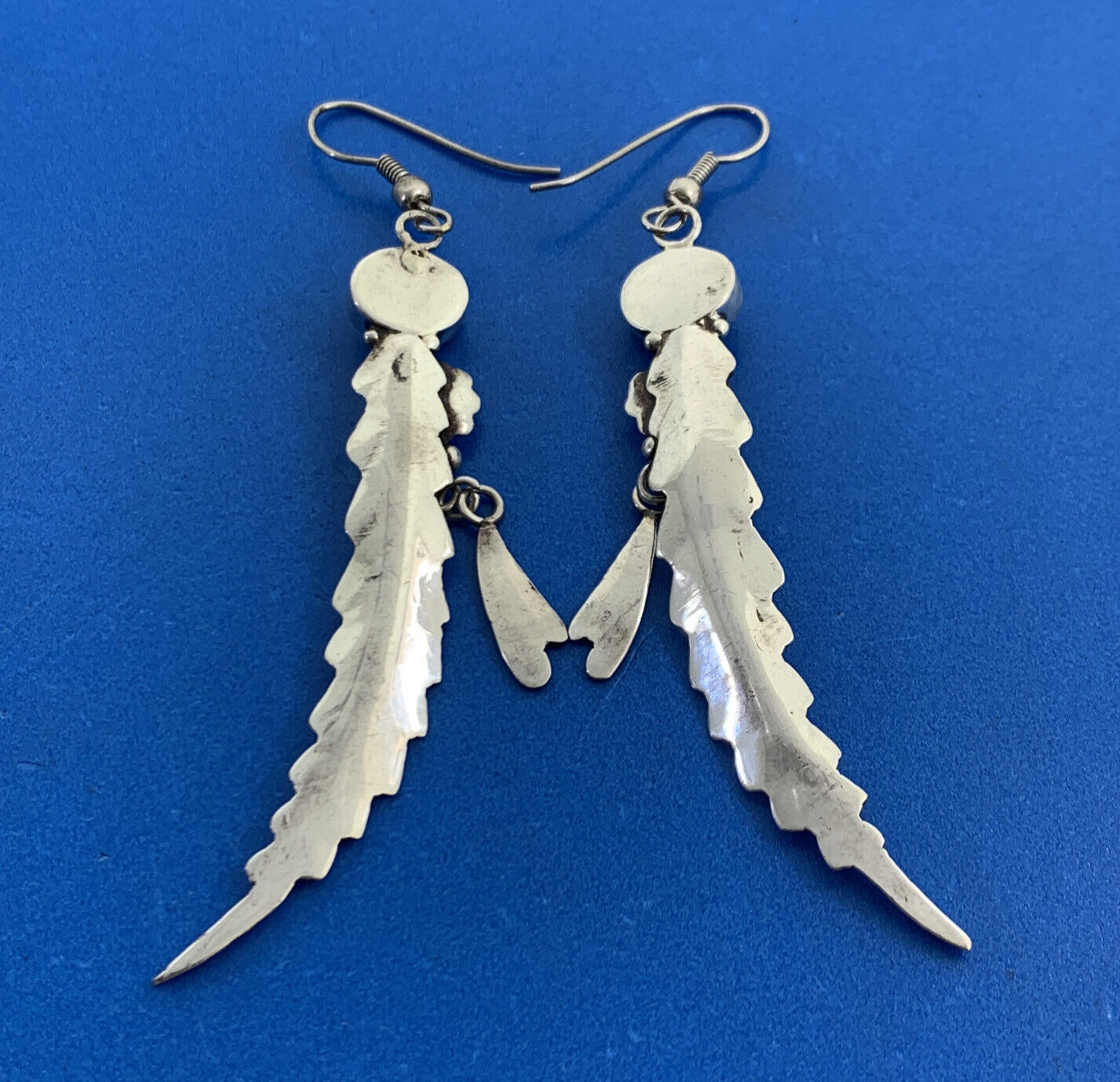 Vintage Native American 925 Sterling Silver Black Onyx Dangle Feather Earrings