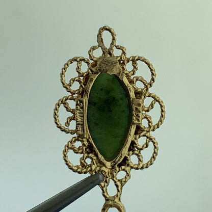 Vintage 14K Yellow Gold Marquis Jade Cabochon Filigree Dangle Drop Earrings