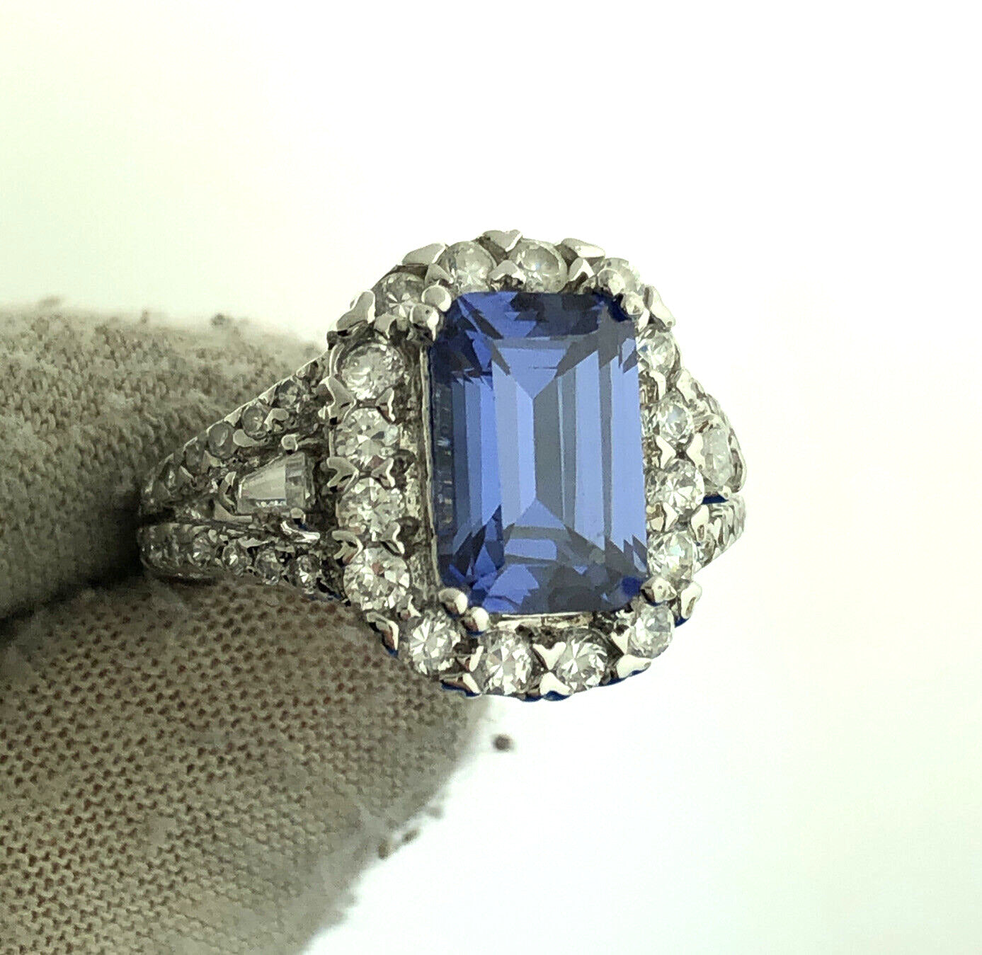 Dramatic 925 Sterling Silver Rectangle Blue Tourmaline CZ Accent Statement Ring