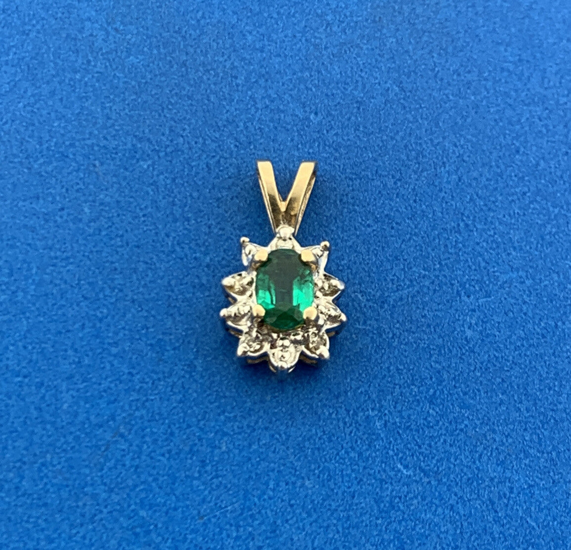 Designer 10k Yellow White Gold Oval Emerald Diamond Accented Charm Pendant