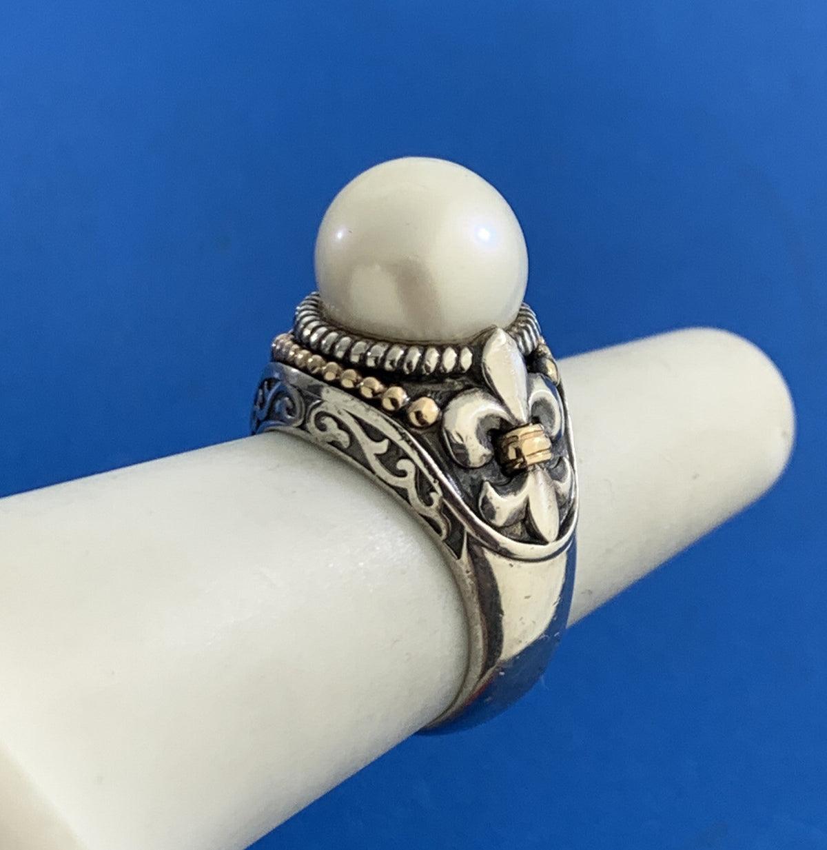 Designer 925 Sterling Silver 14K Yellow Gold Pearl Fleur De Lis Statement Ring