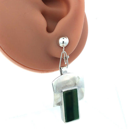 Designer Sterling Silver Chrysoprase Panel Modernist Statement Clip On Earrings